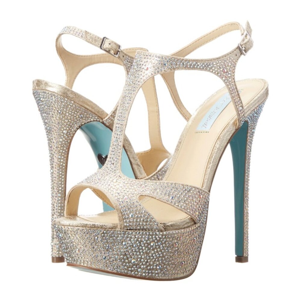 NWOB Blue by Betsey Johnson Crush Champagne Platform Rhinestone Heels